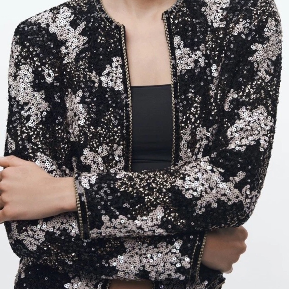 Zara Sequin Embellished Black and Silver Jacket Size : Meduim